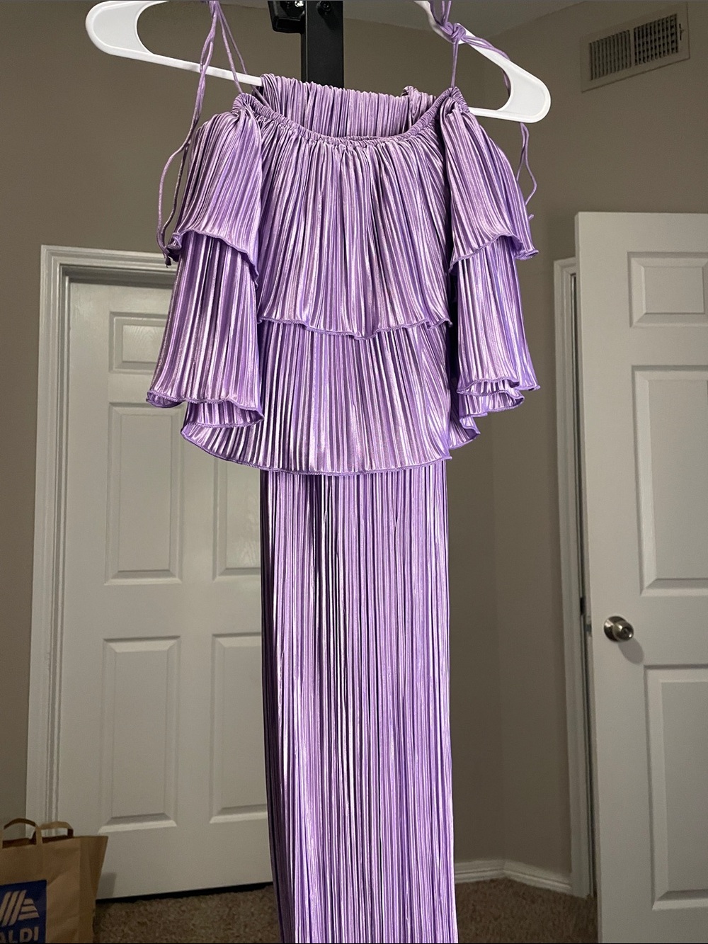 SHEIN Lavender Pleated Off-Shoulder Jumpsuit with Ruffle Tiers